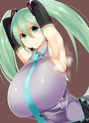 Rule 34 | 1girl, absurdres, aqua eyes, aqua hair, armpits, arms behind head, arms up, breasts, brown background, cum, cum on body, cum on upper body, detached sleeves, facominn, gigantic breasts, hatsune miku, highres, long hair, looking at viewer, naughty face, necktie, sideboob, simple background, skirt, smile, solo, steam, twintails, upper body, vocaloid