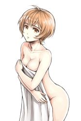 Rule 34 | 1girl, ass, breasts, brown eyes, brown hair, cleavage, collarbone, covering privates, covering breasts, highres, jchoy, medium breasts, naked towel, nude cover, original, parted lips, short hair, simple background, towel, white background, white towel