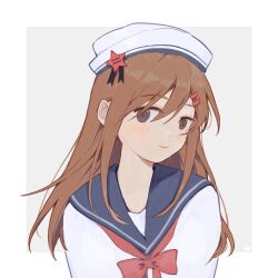 Rule 34 | 1girl, alternate costume, aquarius (symbol), blending, blue eyes, blue sailor collar, blush, bow, bowtie, brown hair, grey background, hair between eyes, hair ornament, hairclip, hat, highres, kagerou project, long hair, long sleeves, looking at viewer, red bow, red bowtie, sailor collar, sailor hat, shirt, smile, solo, star (symbol), star hair ornament, tateyama ayano, upper body, white hat, white shirt, whitegull666