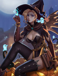 Rule 34 | 1girl, arm at side, arm up, black hat, black thighhighs, blonde hair, blue eyes, bracelet, breasts, brown gloves, cape, closed eyes, commentary, elbow gloves, ghost, gloves, gold, halloween, halloween costume, hat, highres, jack-o&#039;-lantern, jewelry, large breasts, lips, looking at viewer, magic, md5 mismatch, mercy (overwatch), nose, official alternate costume, on pumpkin, overwatch, overwatch 1, pumpkin, red lips, short hair, sitting, solo, thighhighs, witch, witch hat, witch mercy, z boo