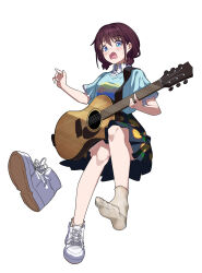 1girl acoustic_guitar blue_eyes blue_shirt blue_skirt blush brown_hair chinese_commentary collared_shirt commentary_request dress_shirt full_body girls_band_cry guitar highres instrument iseri_nina low_twintails open_mouth shirt shoes short_hair short_sleeves short_twintails simple_background single_shoe skirt socks solo sweatdrop twintails white_background white_footwear white_shirt white_socks yun_cao_bing