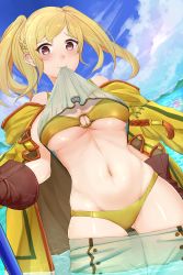 Rule 34 | 1girl, alternate color, alternate hair color, beach, bikini, bikini under clothes, blonde hair, blue sky, blush, breasts, cleavage, clothes in mouth, clothes lift, clothes pull, cloud, coat, day, female focus, fire emblem, fire emblem awakening, fire emblem heroes, gloves, gluteal fold, highres, ippers, jacket, jacket on shoulders, large breasts, lifted by self, looking at viewer, mountainous horizon, mouth hold, navel, nintendo, o-ring, o-ring bikini, ocean, pants, pants pull, partially submerged, robin (female) (fire emblem), robin (fire emblem), shirt in mouth, shirt lift, skindentation, sky, solo, stomach, super smash bros., swimsuit, thigh gap, twintails, underboob, undressing, wading, yellow bikini