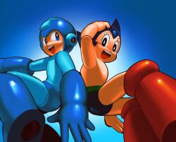 2boys android atom_(tetsuwan_atom) black_eyes black_hair blue_eyes commentary english_commentary helmet highres mega_man_(character) mega_man_(classic) mega_man_(series) mo003112 multiple_boys short_hair smile tetsuwan_atom