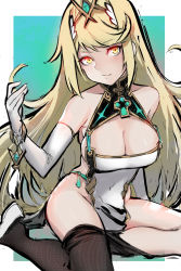 Rule 34 | 1girl, alternate costume, bad id, bad pixiv id, black pantyhose, blonde hair, breasts, chest jewel, china dress, chinese clothes, dress, highres, large breasts, long hair, mythra (xenoblade), pantyhose, robot cat (robotcatart), swept bangs, very long hair, xenoblade chronicles (series), xenoblade chronicles 2, yellow eyes