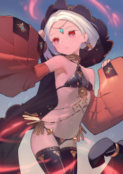 Rule 34 | 1girl, armpits, bare shoulders, black panties, black thighhighs, breasts, cowboy shot, detached sleeves, earrings, forehead, groin, halterneck, hands up, highres, hood, jewelry, long sleeves, looking away, magic, navel, neck ring, original, outdoors, panties, parted bangs, parted lips, revealing clothes, shezhara, short hair, small breasts, solo, stomach, string panties, thighhighs, underwear, white hair, wide sleeves