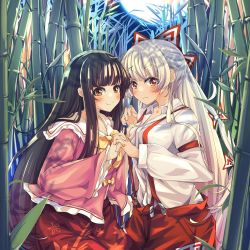 Rule 34 | 2girls, absurdres, baggy pants, bamboo, bamboo forest, black hair, black headwear, blunt bangs, bow, bowtie, breasts, brown eyes, collarbone, collared shirt, commentary request, floral print, forest, frilled shirt, frilled sleeves, frills, fujiwara no mokou, hair bow, highres, hime cut, holding hands, houraisan kaguya, japanese clothes, long hair, long skirt, long sleeves, multiple girls, nature, ofuda, ofuda on clothes, pants, patterned clothing, pink shirt, red eyes, red pants, red skirt, shirt, sidelocks, skirt, sleeve garter, sleeves past wrists, small breasts, suspenders, touhou, very long hair, white bow, white hair, white shirt, wide sleeves, woruta (soloistlist), yellow bow, yellow bowtie