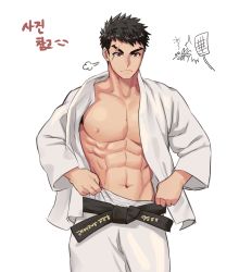 Rule 34 | 1boy, abs, absurdres, bara, belt, black belt, black hair, blackkdogg, closed mouth, highres, jacket, large pectorals, lifted by self, looking at viewer, muscular, muscular male, navel, nipples, open clothes, open jacket, original, pants, pants lift, pectorals, red eyes, scar, scar across eye, scar on face, short hair, solo, white background, white jacket, white pants