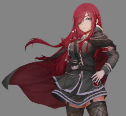 Rule 34 | 1girl, absurdres, breasts, cape, commission, erza scarlet, eyepatch, fairy tail, fishnet thighhighs, fishnets, frown, green eyes, grey background, hair over one eye, hands on own hips, highres, ichinoshi, large breasts, long hair, military, military uniform, red cape, red eyes, red hair, solo, thighhighs, uniform, zettai ryouiki