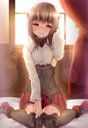 Rule 34 | 10s, 1girl, backlighting, bike shorts, brown hair, curtains, flat chest, hand in own hair, headband, headgear, highres, indoors, kantai collection, kat (bu-kunn), knees together feet apart, lens flare, lens flare abuse, light smile, long sleeves, looking at viewer, pleated skirt, red skirt, ruffling hair, sitting, skirt, smile, solo, taihou (kancolle), thighhighs, wainscoting, wariza, window