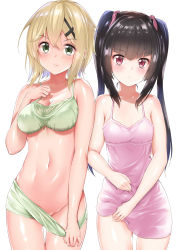 Rule 34 | 2girls, akatsuki kirika, amasora taichi, bad id, bad pixiv id, bare arms, bare shoulders, black hair, blush, bow, bra, breasts, cleavage, closed mouth, clothes pull, collarbone, commentary request, dress, gluteal fold, green bra, green eyes, green shorts, groin, hair between eyes, hair bow, hair ornament, highres, light brown hair, long hair, medium breasts, multiple girls, navel, pink bow, pink dress, red eyes, see-through, senki zesshou symphogear, short shorts, shorts, shorts pull, simple background, sleeveless, sleeveless dress, smile, thigh gap, tsukuyomi shirabe, twintails, underwear, v-shaped eyebrows, very long hair, white background