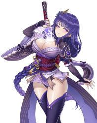 Rule 34 | 1girl, armor, braid, breasts, bridal gauntlets, cleavage, coattails, commentary request, electricity, flower, genshin impact, hair ornament, highres, holding, holding sword, holding weapon, human scabbard, japanese clothes, kimono, large breasts, long hair, long sleeves, looking at viewer, mitsudomoe (shape), mole, mole under eye, nail polish, obi, obiage, obijime, open mouth, parted lips, poorgom, purple eyes, purple flower, purple hair, purple nails, purple thighhighs, raiden shogun, ribbon, sash, shoulder armor, simple background, solo, sword, tassel, thighhighs, tomoe (symbol), weapon, white background, wide sleeves