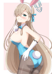 Rule 34 | 1girl, absurdres, aikawa ryou, animal ears, ass, asuna (blue archive), asuna (bunny) (blue archive), black pantyhose, blue archive, blue bow, blue bowtie, blue eyes, blue leotard, blush, bow, bowtie, breasts, cowboy shot, detached collar, fake animal ears, fake tail, gloves, grin, highres, large breasts, leotard, light brown hair, long hair, looking at viewer, official alternate costume, pantyhose, rabbit ears, rabbit tail, smile, solo, strapless, strapless leotard, tail, white gloves