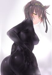 Rule 34 | 1girl, ass, black bodysuit, blush, bodysuit, breasts, closed mouth, clothes writing, covered erect nipples, cowboy shot, expressionless, from behind, gradient background, green eyes, grey background, hachimaki, hair between eyes, hair flaps, half-closed eyes, hand on own hip, hatsuzuki (kancolle), headband, kantai collection, latex, leaning forward, looking at viewer, looking back, medium breasts, shiny clothes, skin tight, solo, standing, sweat, uni96 (uknee96)