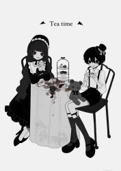 Rule 34 | 1boy, 1girl, black dress, black flower, black footwear, black hair, black nails, black pantyhose, black shorts, bonnet, bright pupils, brown eyes, cake, cup, dress, english text, fangs, flower, food, frilled bonnet, frilled dress, frills, fusigi nano, glass, goth fashion, gothic lolita, hat, highres, holding, holding cup, lolita fashion, macaron, mini hat, original, own hands together, pantyhose, partially colored, puffy sleeves, shorts, simple background, spoon, stain, stuffed animal, stuffed toy, suspender shorts, suspenders, tea, teacup, teddy bear, victorian, white background, white pupils