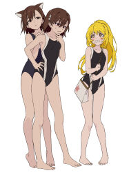 Rule 34 | 3girls, absurdres, aged down, alternate breast size, animal ears, bag, barefoot, black one-piece swimsuit, blonde hair, blush, breasts, bright pupils, brown eyes, brown hair, cat ears, collarbone, commentary request, competition swimsuit, dual persona, female focus, flower, full body, hair flower, hair ornament, hand on own chin, highres, holding, holding bag, looking to the side, misaka imouto, misaka mikoto, multicolored clothes, multicolored swimsuit, multiple girls, one-piece swimsuit, shokuhou misaki, siblings, simple background, sisters, small breasts, sparkle, sparkling eyes, star-shaped pupils, star (symbol), sweat, swimsuit, symbol-shaped pupils, teruya (6w6y), toaru kagaku no railgun, toaru majutsu no index, toaru majutsu no index: new testament, tokiwadai school swimsuit, white pupils