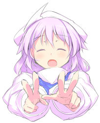 Rule 34 | 1girl, batsu, blush, close-up, closed eyes, double v, dress, female focus, hat, letty whiterock, open mouth, pink dress, pink hair, simple background, solo, touhou, v, victory pose, white background