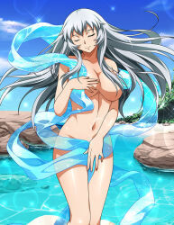 Rule 34 | 1girl, blue sky, breasts, censored nipples, chouun shiryuu, cleavage, closed eyes, closed mouth, cloud, collarbone, convenient censoring, day, facing viewer, fine art parody, floating hair, grey hair, groin, hair censor, hair over breasts, head tilt, ikkitousen, large breasts, lens flare, long hair, navel, nude, outdoors, parody, shiny skin, sky, smile, solo, sparkle, straight hair, very long hair