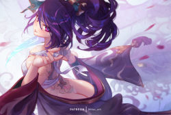Rule 34 | 1girl, akali, ass, bad id, bad pixiv id, breasts, bridal gauntlets, butt crack, cleavage, hair ornament, hand up, holding, holding weapon, japanese clothes, kimono, knife, large breasts, league of legends, long hair, looking at viewer, mitsu (mitsu art), nail polish, no panties, off shoulder, parted lips, ponytail, purple hair, purple kimono, purple nails, sarashi, smile, solo, tattoo, weapon