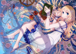 Rule 34 | 1girl, apple, barefoot, blonde hair, blue eyes, book, crown, dress, flower, food, frog, fruit, full body, glass slipper, jewelry, knife, long hair, looking at viewer, lying, necklace, no socks, on side, original, petals, pink flower, pink rose, r20ren, rose, seashell, shell, shoes, single shoe, smile, solo, starfish, wrist cuffs