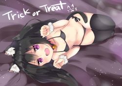 Rule 34 | 1girl, amano kouki, animal ears, bell, bikini, black bikini, black hair, black thighhighs, blush, cat ears, cat tail, collar, collarbone, commentary request, fang, flat chest, highres, long hair, looking at viewer, lying, navel, neck bell, note-chan, on side, open mouth, original, paw pose, purple eyes, side-tie bikini bottom, smile, solo, swimsuit, tail, thighhighs, trick or treat, twintails, very long hair