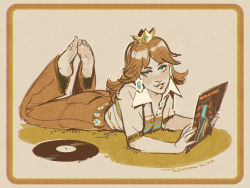 Rule 34 | 1girl, alternate costume, aqua eyes, barefoot, blush, brown hair, collared shirt, crown, earrings, eyeshadow, feet, flower earrings, full body, holding, jewelry, legs up, long hair, looking at viewer, lying, makeup, mario (series), nintendo, on stomach, parted lips, princess daisy, record, record jacket, shirt, short sleeves, signature, smile, soles, solo, super mario land, toes, winton kidd