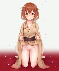 Rule 34 | 10s, 1girl, alternate costume, barefoot, brown kimono, censored, clothes lift, colis (regunm772), collarbone, commentary request, dripping, flat chest, full body, gluteal fold, gradient background, groin, hair ornament, hairclip, highres, ikazuchi (kancolle), japanese clothes, jewelry, kantai collection, kimono, kimono lift, kneeling, lifted by self, light frown, long sleeves, looking at viewer, mosaic censoring, no panties, orange eyes, orange hair, petals, pussy, pussy juice, raised eyebrows, ring, sash, shiny skin, short hair, solo, wedding band, wide sleeves