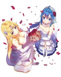 Rule 34 | 2girls, ahoge, armpit crease, bare shoulders, blonde hair, blue eyes, blue hair, blush, bouquet, braid, braided ponytail, breasts, bridal veil, brown eyes, character request, circlet, cleavage, closed mouth, collarbone, dress, earrings, elbow gloves, elf, endenburg no hanayome, eyeliner, fins, flower, frilled dress, frills, from above, full body, garter straps, gloves, hair between eyes, hair flower, hair ornament, head fins, high heels, highres, holding, holding bouquet, jewelry, large breasts, layered dress, long hair, looking at viewer, looking up, makeup, monster ears, multiple girls, necklace, novel illustration, official art, petals, pointy ears, red flower, red rose, rose, rose petals, side slit, sidelocks, simple background, small breasts, smile, standing, strapless, strapless dress, thighhighs, veil, very long hair, wedding dress, white background, white dress, white flower, white rose, yasumo (kuusouorbital)