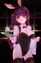 Rule 34 | 1girl, absurdres, animal ears, bare shoulders, black leotard, black thighhighs, blush, bow, bowtie, breasts, cleavage, cocktail glass, collarbone, commentary request, cup, detached collar, drinking glass, etto eat, fake animal ears, fang, fishnet thighhighs, fishnets, girls&#039; frontline, hair ribbon, highres, indoors, large breasts, leotard, long hair, looking at viewer, one side up, open mouth, playboy bunny, purple hair, rabbit ears, rabbit tail, red bow, red bowtie, red eyes, red ribbon, ribbon, solo, standing, strapless, strapless leotard, tail, thighhighs, thighs, towel, tray, very long hair, wa2000 (girls&#039; frontline), wrist cuffs