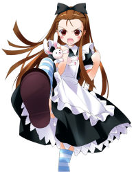 Rule 34 | 1girl, angry, brown hair, hairband, idolmaster, idolmaster (classic), long hair, minase iori, rabbit, red eyes, sakana (flame sakana), shoe soles, shoes, simple background, solo, striped clothes, striped thighhighs, stuffed animal, stuffed rabbit, stuffed toy, thighhighs, white background