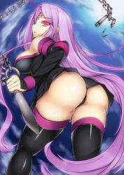 Rule 34 | 1girl, ass, black panties, black thighhighs, breasts, chain, facial mark, fate/stay night, fate (series), forehead mark, from behind, large breasts, long hair, looking back, medusa (fate), medusa (rider) (fate), panties, purple hair, red eyes, shiny skin, solo, thighhighs, underwear, very long hair, watanuki kaname, weapon