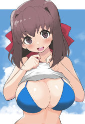 Rule 34 | 1girl, absurdres, bare shoulders, bikini, blue bikini, blush, breasts, brown eyes, brown hair, cleavage, clothes lift, cloud, cloudy sky, female focus, girls und panzer, hair ornament, hair ribbon, highres, kondou taeko, large breasts, lifted by self, looking at viewer, open mouth, ribbon, shirt lift, short hair, skindentation, sky, smile, solo, swimsuit, upper body, yabai gorilla