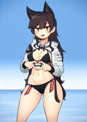 Rule 34 | 1girl, abs, alternate costume, animal ears, atago (azur lane), azur lane, bikini, black bikini, black hair, blush, breasts, brown eyes, cleavage, commission, d-floe, day, heart, heart hands, highres, large breasts, long hair, long sleeves, looking at viewer, mole, mole under eye, navel, open mouth, outdoors, shrug (clothing), smile, solo, swimsuit, toned
