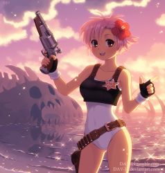Rule 34 | 1girl, artist name, black gloves, blush, breasts, brown eyes, character request, copyright request, dav-19, deviantart username, fingerless gloves, flower, gloves, gun, hair flower, hair ornament, holding, holding gun, holding weapon, leotard, looking at viewer, medium breasts, one-piece swimsuit, open mouth, outdoors, pink hair, short hair, smile, solo, sunset, swimsuit, tumblr username, watermark, weapon, web address
