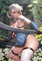 Rule 34 | 1futa, black gloves, braid, breasts, brown eyes, closed mouth, detached sleeves, erection, exlic, flower, foreskin, futanari, gloves, hair flower, hair ornament, highres, holding, holding sword, holding weapon, kaine (nier), large breasts, lips, nature, nier, nier (series), nipples, no bra, no panties, outdoors, penis, solo, sunlight, sword, testicles, thighhighs, thighlet, tree, uncensored, weapon, white flower, white hair