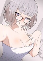 Rule 34 | 1girl, bare shoulders, blue eyes, breasts, cleavage, collarbone, drill bulbul, fate/grand order, fate (series), glasses, grey hair, grin, jacques de molay (foreigner) (fate), large breasts, looking at viewer, short hair, smile, solo, towel