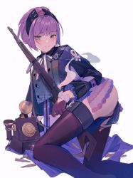 Rule 34 | arm support, ass, blue eyes, bullet, carcano m91/38 (girls&#039; frontline), girls&#039; frontline, gloves, gun, highres, holding, holding weapon, kneeling, looking at viewer, military, phonograph, purple hair, sakura (1723231388), solo, tears, thighhighs, torn clothes, torn thighhighs, uniform, weapon, white background