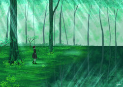 Rule 34 | 1girl, absurdres, artist name, blurry, blurry background, brown hair, dress, forest, grass, green theme, h yuusui, highres, light, light particles, light rays, long dress, looking to the side, nature, original, reflection, reflective water, scenery, shoes, short hair, signature, socks, solo, tree, water