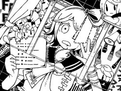 Rule 34 | 1girl, aaaaaaaaaaaa (vocaloid), alternate costume, asymmetrical clothes, bandaged wrist, bandages, bleeding, blood, character doll, co8, commentary request, curtains, dutch angle, frown, furrowed brow, greyscale, grid background, hair ribbon, hands up, holding, holding sign, kagamine rin, looking at viewer, microphone, monochrome, morse code, one eye covered, open mouth, ribbon, rubber duck, sailor collar, self-harm scar, short hair, sign, solo, translation request, upper body, vocaloid, wide-eyed, window, wrist cutting