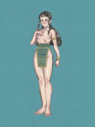 Rule 34 | 1girl, ancient greek clothes, aqua background, bare legs, barefoot, black hair, blush, breasts, capelin s, commentary request, full body, greco-roman clothes, hand up, highres, history, long hair, medium breasts, nipples, no panties, original, pelvic curtain, simple background, solo, standing, topless