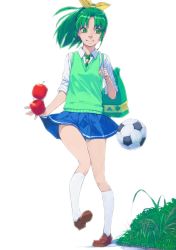 Rule 34 | 1girl, akinbo (hyouka fuyou), apple, bag, ball, blue skirt, bow, brown footwear, floating hair, food, fruit, green eyes, green hair, green vest, grey necktie, hair bow, highres, holding, holding bag, kneehighs, leg up, loafers, long hair, looking to the side, midorikawa nao, miniskirt, necktie, pleated skirt, ponytail, precure, school uniform, shirt, shoes, simple background, skirt, smile precure!, soccer ball, socks, solo, standing, standing on one leg, vest, white background, white shirt, white socks, yellow bow