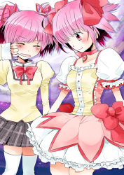 Rule 34 | 10s, 2girls, bow, bubble skirt, choker, closed eyes, dual persona, hair bow, hair over one eye, hair ribbon, holding hands, jewelry, kaname madoka, magical girl, mahou shoujo madoka magica, mahou shoujo madoka magica (anime), multiple girls, pendant, pink eyes, pink hair, plaid, plaid skirt, pokka, puffy sleeves, ribbon, school uniform, short twintails, skirt, tears, thighhighs, twintails, zettai ryouiki