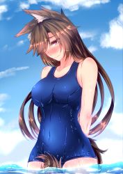 Rule 34 | 1girl, absurdres, alternate costume, animal ears, arms behind back, bad id, bad twitter id, between legs, blue one-piece swimsuit, blush, breasts, brown hair, closed mouth, cloud, cloudy sky, collarbone, commentary request, covered navel, cowboy shot, day, hair over one eye, highres, imaizumi kagerou, karasuma amiru, long hair, mamedenchi, medium breasts, nose blush, ocean, one-piece swimsuit, partially submerged, red eyes, school swimsuit, sky, solo, swimsuit, tail, tail between legs, touhou, wading, wavy mouth, wet, wolf ears, wolf tail