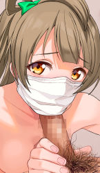 Rule 34 | 1boy, 1girl, a1 (initial-g), bow, brown hair, censored, completely nude, fellatio, fellatio under mask, green bow, hair bow, hair ornament, long hair, looking at viewer, love live!, love live! school idol project, mask, minami kotori, mosaic censoring, mouth mask, nude, oral, orange eyes, penis, pubic hair, solo focus, surgical mask
