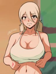 Rule 34 | 1girl, animated, artist name, bare shoulders, blonde hair, bouncing breasts, breasts, brown eyes, cleavage, clothes lift, collarbone, fairy tail, highres, katsunei, large breasts, long hair, looking at viewer, lucy heartfilia, navel, nipples, no bra, shirt lift, smile, solo, stomach, tank top, upper body, video
