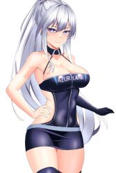 Rule 34 | azur lane, back cutout, breasts, cleavage, clothing cutout, cowboy shot, dress, elbow gloves, enterprise (azur lane), enterprise (wind catcher) (azur lane), gloves, grey hair, halter dress, halterneck, highres, large breasts, long hair, purple eyes, race queen, rxsilence, thighhighs