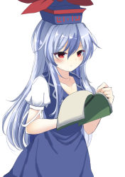 Rule 34 | 1girl, blue dress, blue hair, blue hat, blush, book, closed mouth, dress, eyes visible through hair, hair between eyes, hands up, hat, highres, kamishirasawa keine, long hair, looking at viewer, open book, ougi hina, puffy short sleeves, puffy sleeves, red eyes, short sleeves, simple background, solo, touhou, white background, white sleeves