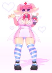 Rule 34 | 1girl, artist name, audino, bell, blue eyes, blush, bow, bowtie, breasts, cleavage, creatures (company), furry, furry female, game freak, gen 5 pokemon, hat, heart, jingle bell, large bow, large breasts, looking at viewer, meltyvixen, nintendo, nurse, nurse cap, open mouth, panties, pokemon, pokemon (creature), shadow, simple background, solo, striped clothes, striped panties, thighhighs, underwear