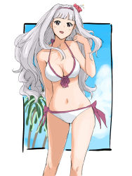 Rule 34 | 1girl, :d, annko, arm at side, arm behind back, bare arms, bare legs, bare shoulders, bikini, blue sky, border, breasts, brown eyes, cleavage, cloud, collarbone, commentary, feet out of frame, flower, grey hair, hair flower, hair intakes, hair ornament, hairband, halterneck, hand up, head tilt, highres, idolmaster, idolmaster (classic), legs apart, long hair, looking at viewer, medium breasts, midriff, navel, open mouth, outdoors, outside border, palm tree, pink flower, pink hairband, shijou takane, side-tie bikini bottom, sky, smile, solo, standing, swimsuit, tree, very long hair, wavy hair, white bikini, white border