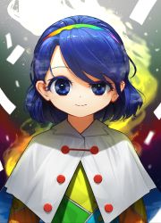 Rule 34 | 1girl, arms at sides, aura, blue eyes, blue hair, cape, closed mouth, commentary, eyebrows hidden by hair, hairband, highres, looking at viewer, medium hair, multicolored clothes, multicolored hairband, patchwork clothes, rainbow gradient, sky print, smile, solo, suna (s73d), swept bangs, tenkyuu chimata, touhou, two-sided cape, two-sided fabric, upper body, white cape, zipper
