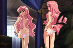 Rule 34 | 00s, 1girl, absurdres, adjusting clothes, adjusting panties, artist request, ass, butt crack, flat chest, highres, long hair, louise francoise le blanc de la valliere, mirror, navel, panties, pink eyes, pink hair, reflection, solo, topless, underwear, zero no tsukaima